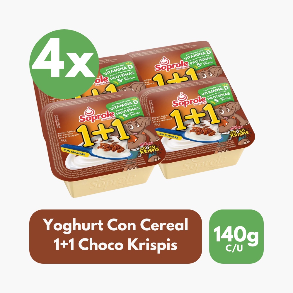 Pack 4 Un Yoghurt con Cereal 1+1 Choco Krispis Soprole 140 g
