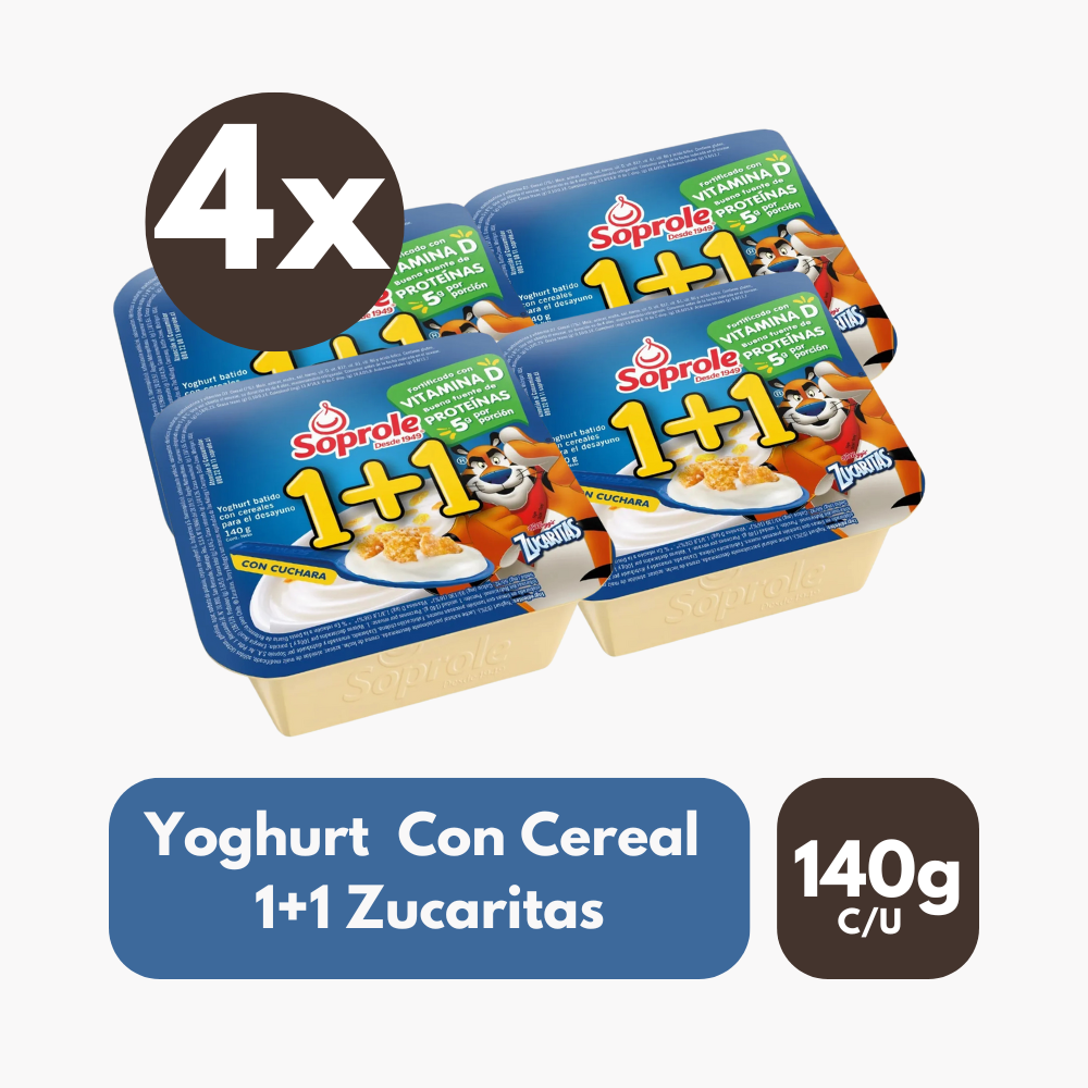 Pack 4 Un Yoghurt con Cereal 1+1 Zucaritas Soprole 140 g