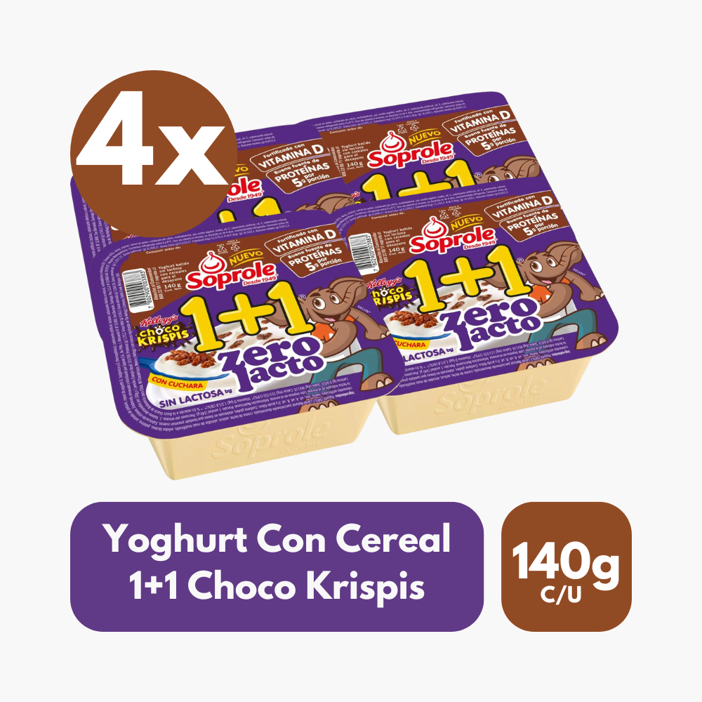 Pack 4 Un Yoghurt con Cereal 1+1 Choco Krispis Sin Lactosa Soprole 140 g