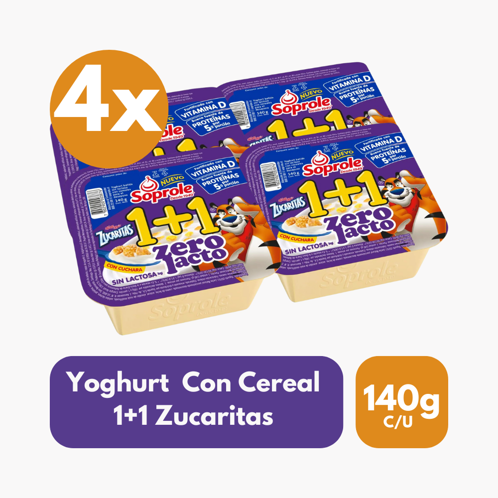 Pack 4 Un Yoghurt con Cereal 1+1 Zucaritas Soprole Sin Lactosa 140 g
