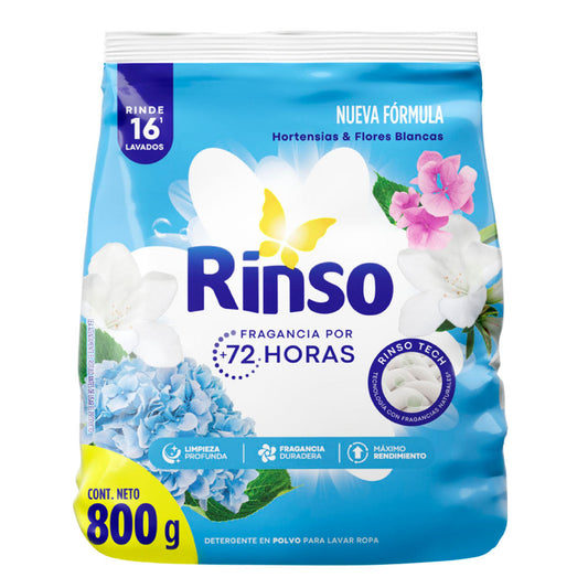 Detergente en polvo Rinso hortensias y flores blancas 800 g