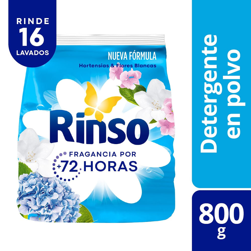 Detergente en polvo Rinso hortensias y flores blancas 800 g