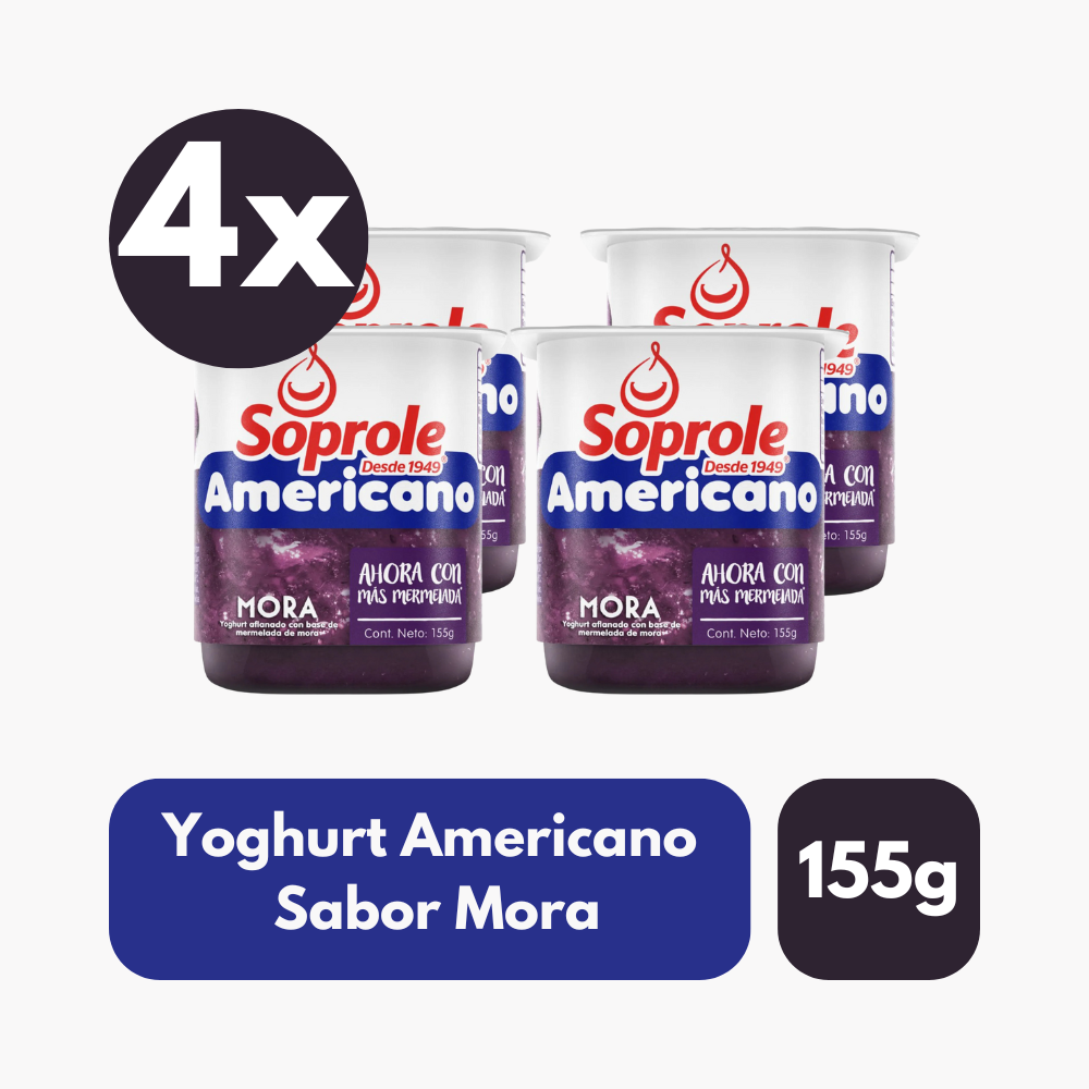 Pack 4 Un Yoghurt Soprole Americano Sabor Mora 155 Gr