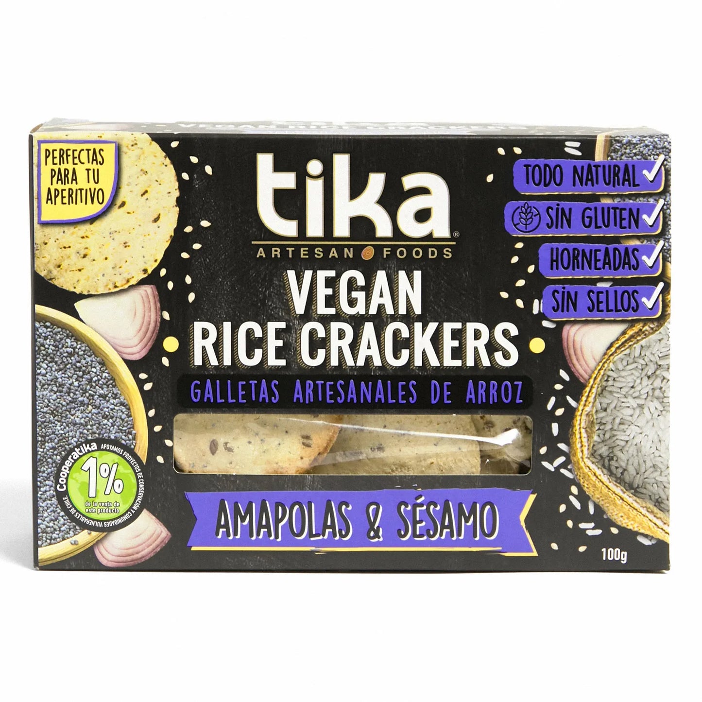 Galletas Tika Vegan Rice Crackers Amapolas y Sésamo 100 Gr