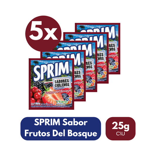 Pack 5 Un Jugo En Polvo Sprim Frutos Del Bosque 25 Gr
