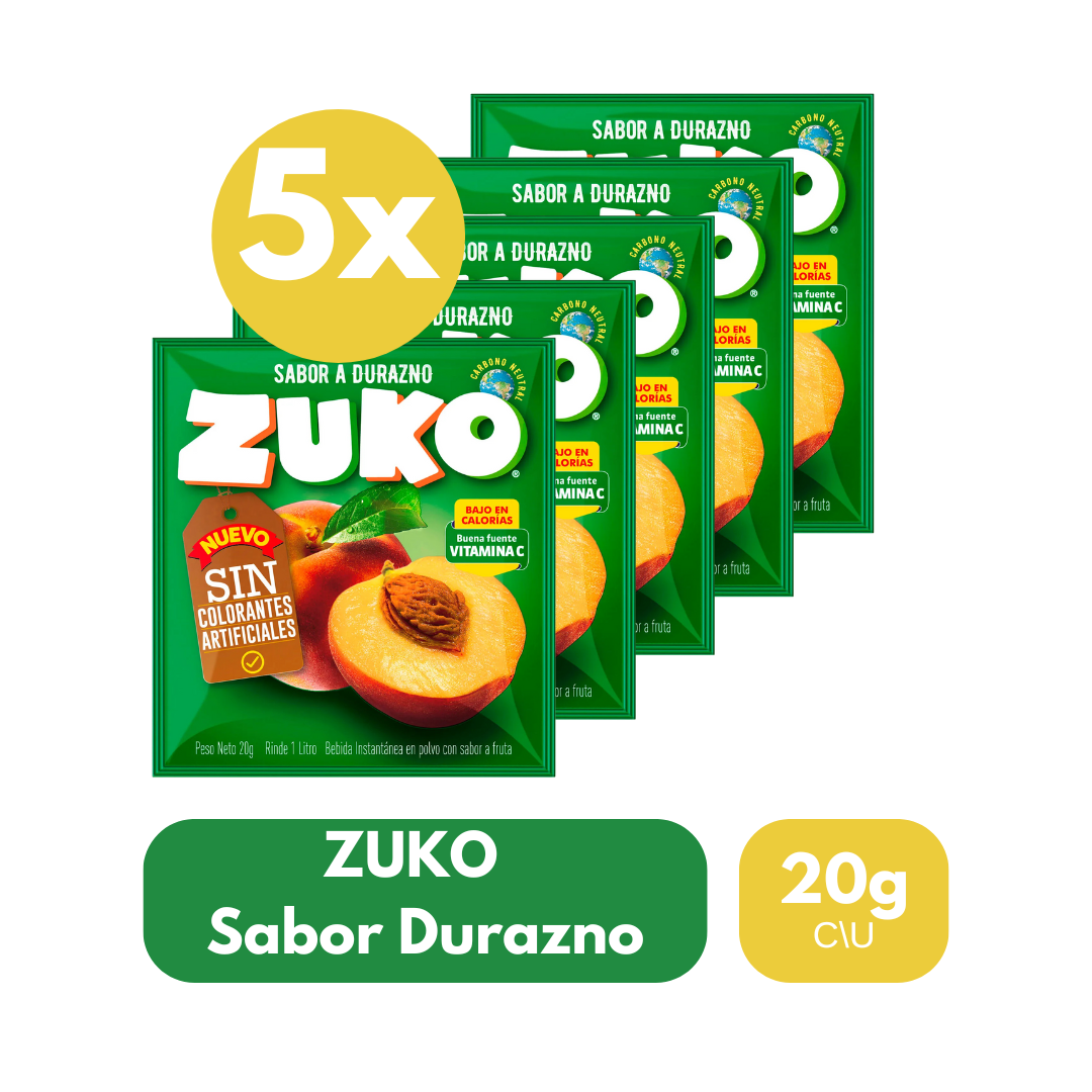 Pack 5 Un Jugo En Polvo Zuko Sabor Durazno 20 g